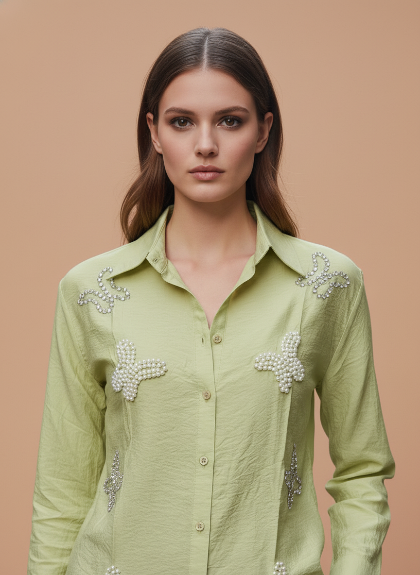 Lime Grace Pearl Embellished Designer Shirt