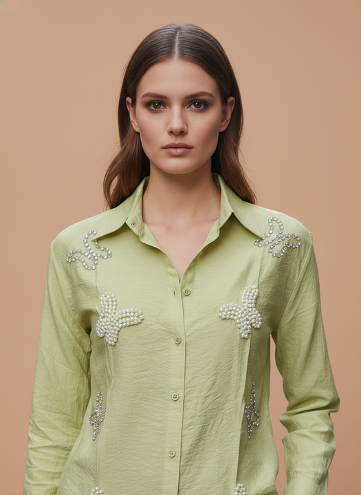 Lime Grace Pearl Embellished Designer Shirt