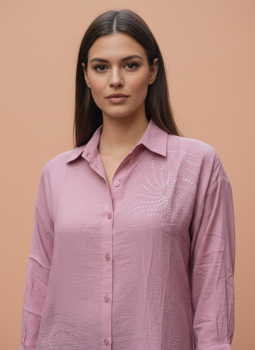 Blush Pink Embroidered Casual Shirt for Women