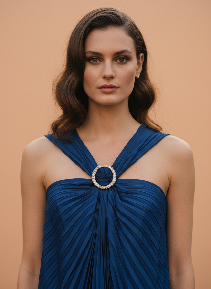 Elegant Navy Blue Pleated Halter Neck Top for Women