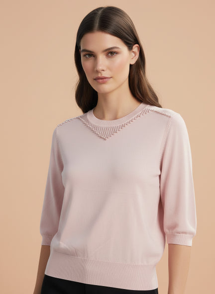 Elegant Light Pink Braided Neck Top