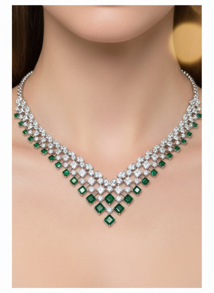 Luxury Green & White Cubic Zirconia Necklace Set with Earrings for Women