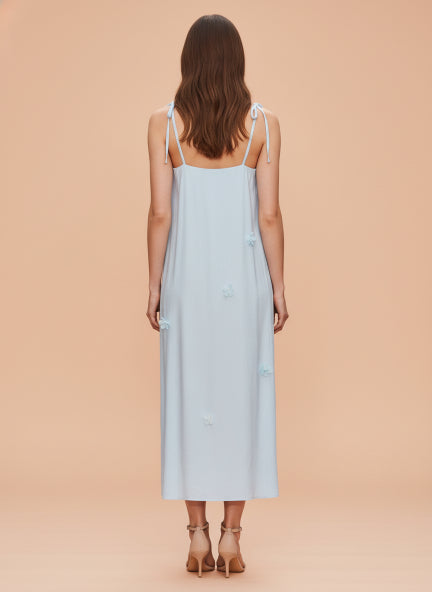 Sky Blue Floral Appliqué Midi Dress