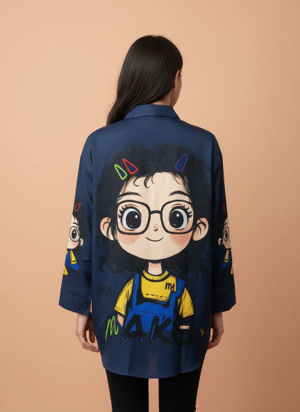Stylish Navy Blue Printed Long Shirt Tunic for Women