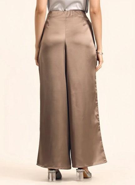 Satin Wide Leg Pants European Fabric  Mocha Pearl Glam Look
