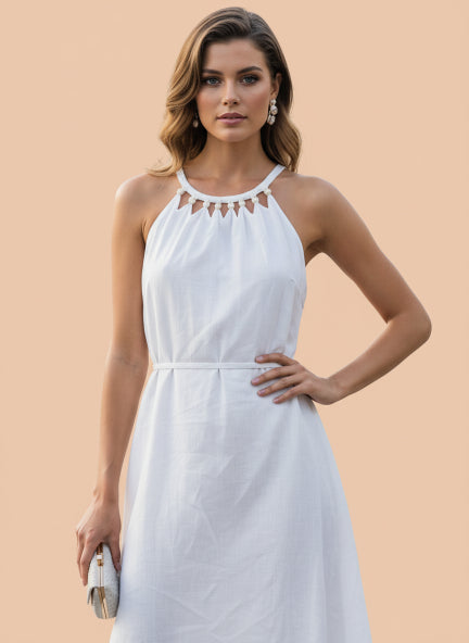 Elegant White Halter Neck Midi Dress for Women