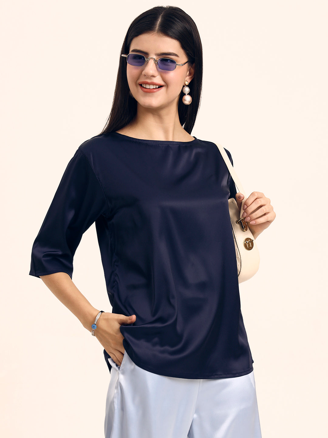 Women's Luxury Elegant Navy European Satin Top