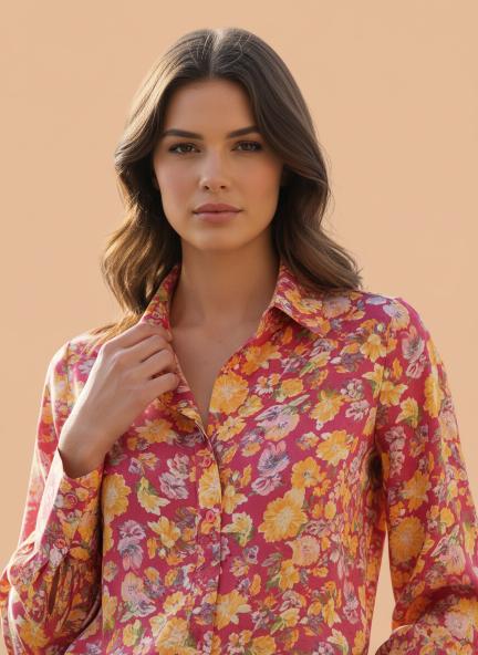 Satin Digital Print Puff Sleeve Shirt