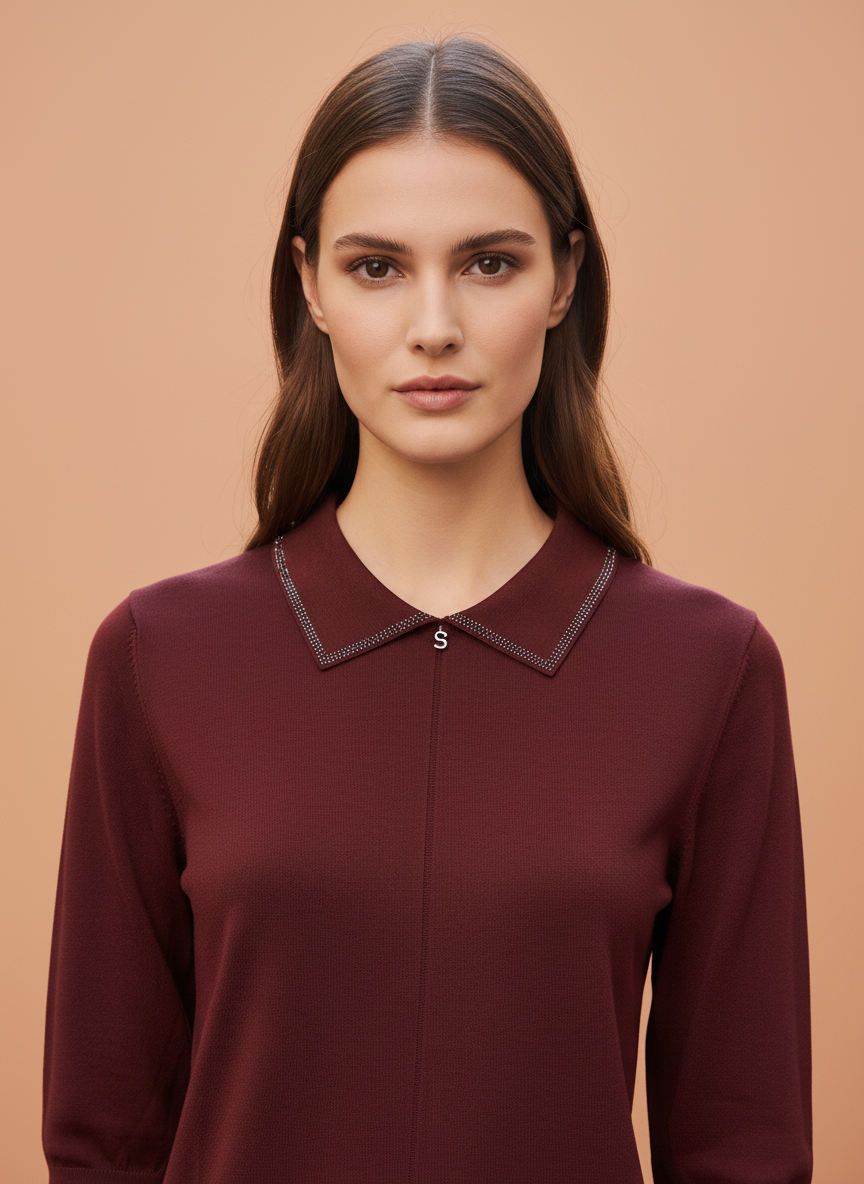 Maroon Knit Top with Embellished Peter Pan Collar