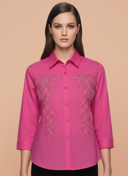 Hot Pink Beaded Floral Linen Shirt