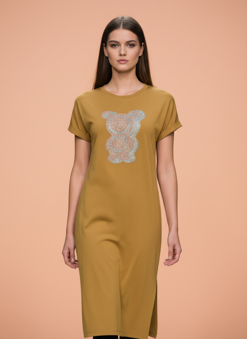 Women’s Mustard Printed Midi Tunic Dress