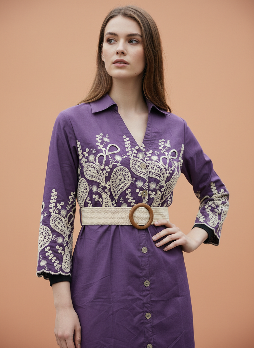 Women’s Purple Embroidered Shirt Dress with Belt