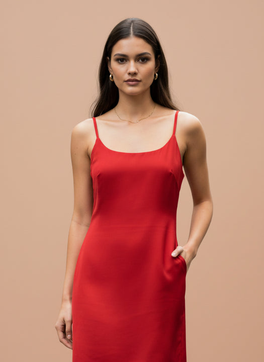 Women’s Luxury European Satin Crimson Red Dress