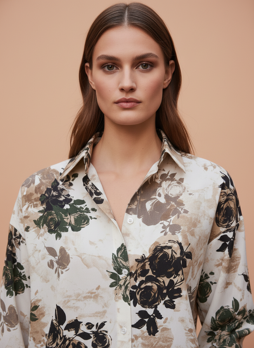 Beige Black Floral Printed Women Shirt