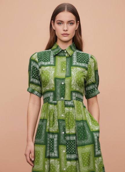 Rayon Printed Puff Sleeve A Line Shirt Dress