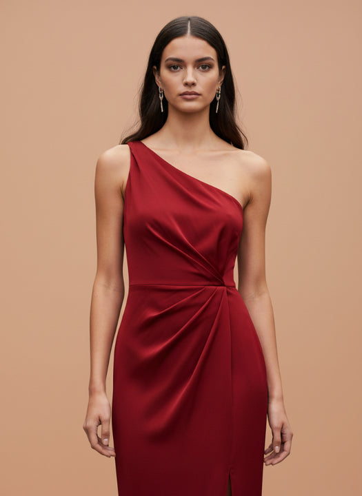 Women's Luxury One-Shoulder European Satin Dress Crimson Red
