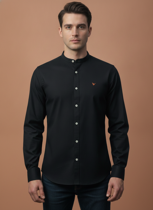 Amswan Premium Men'S Black Crinkle Cotton Shirt - Mandarin Collar, Long Sleeves