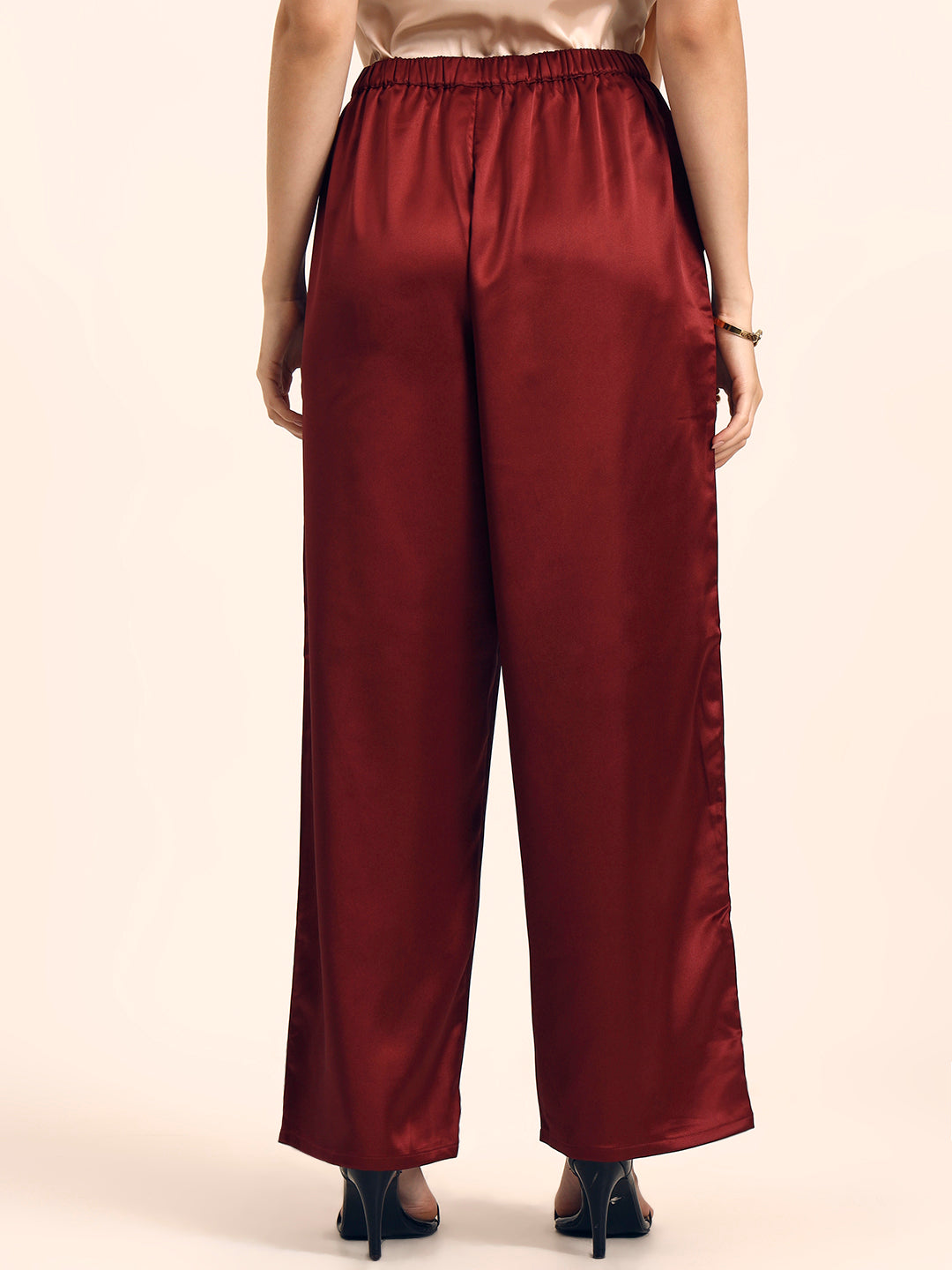 Luxury Satin Wide Leg Pants European Fabric  Wine Red Glam Look