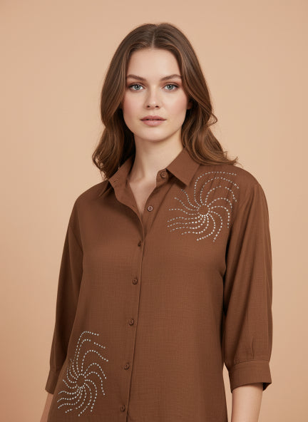Brown Beaded Spiral Linen Shirt |