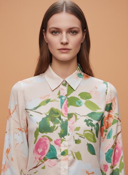 Satin Multicolour Long Length Curved Hem Digital Print Shirt