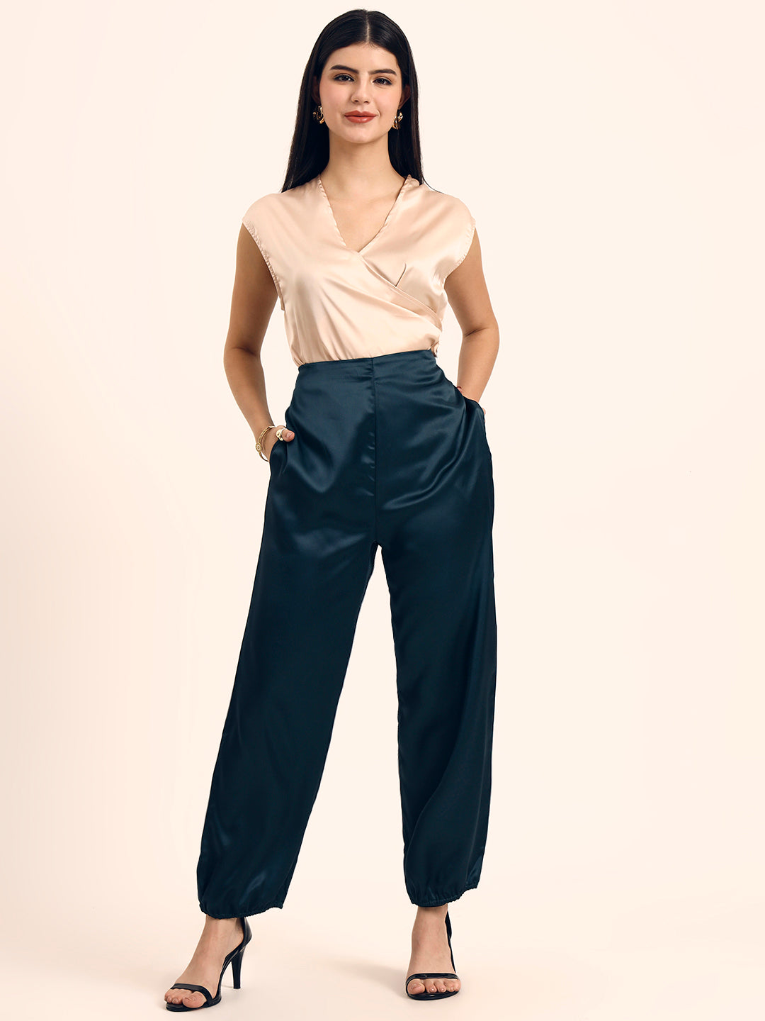 Luxury Satin Wide Leg Pants European Fabric  Emerald  Green Glam Look