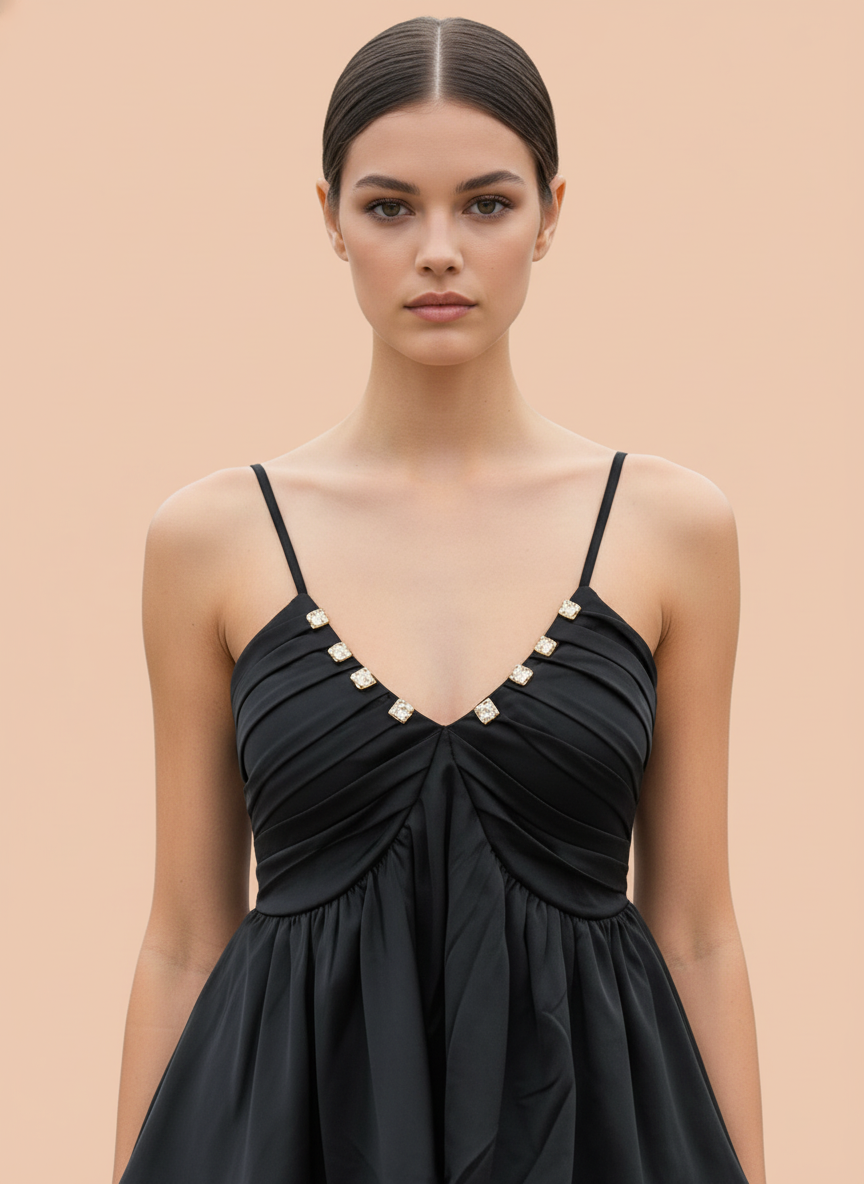 Stylish Black Layered Mini Dress with Embellished Neckline for Women