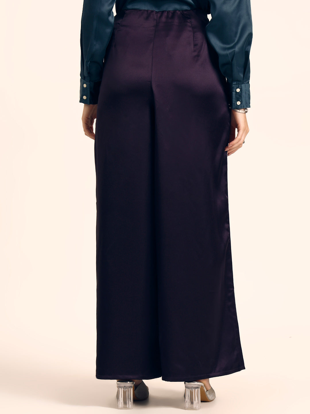 Luxury Satin Wide Leg Pants European Fabric  Plum Wine Glam Look