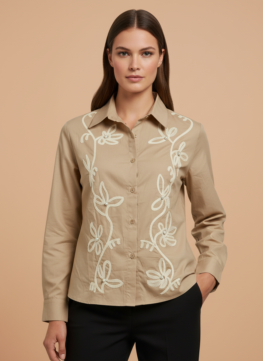 Elegant Beige Floral Embroidered Shirt for Women