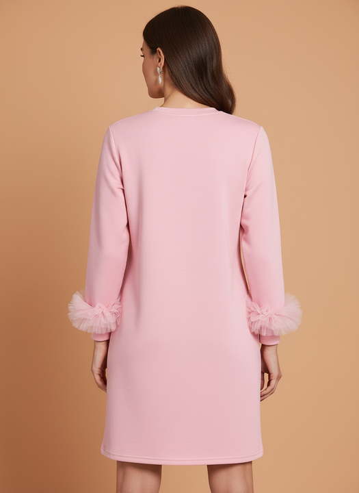 Elegant Pink Embellished Shift Dress with Ruffle Sleeves