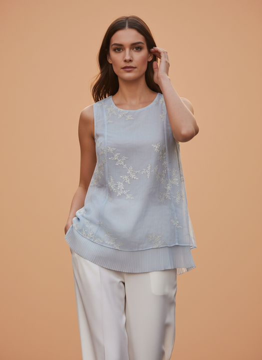 Elegant Pastel Blue Embroidered Top & White Wide-Leg Pants Set