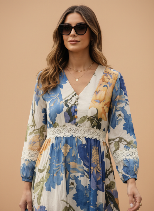 Women’s Floral Printed A-Line Midi Dress with V-Neck & Lace Detail
