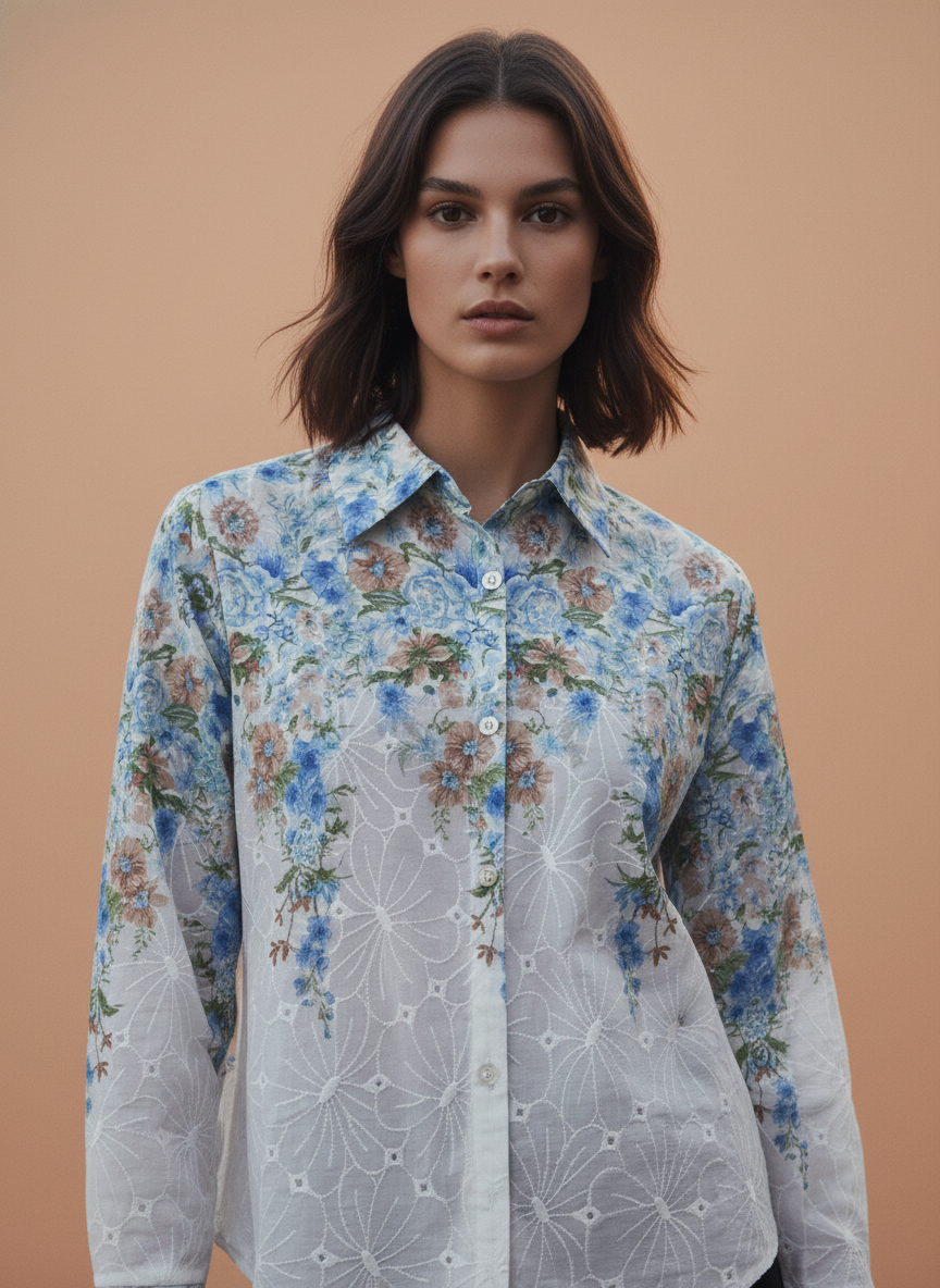 White Blue Floral Embroidered Shirt for Women
