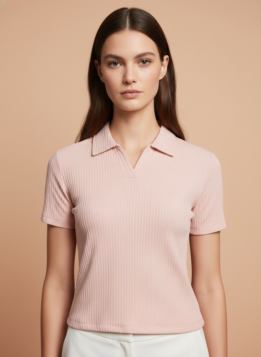 Women’s Blush Pink Ribbed Polo T-Shirt