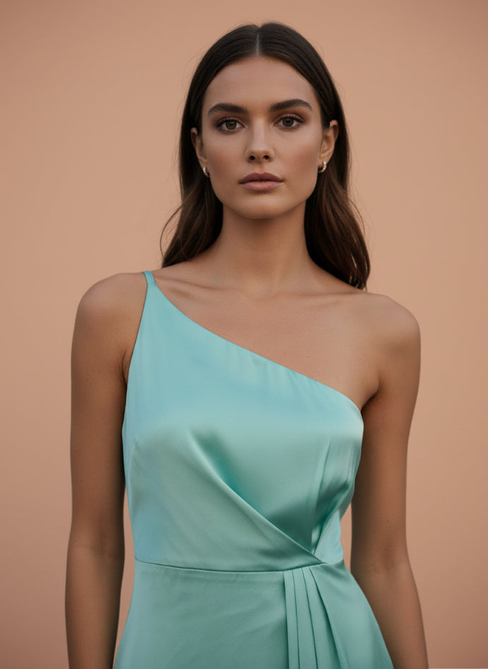Women's Luxury One-Shoulder European Satin Dress Mint Frost