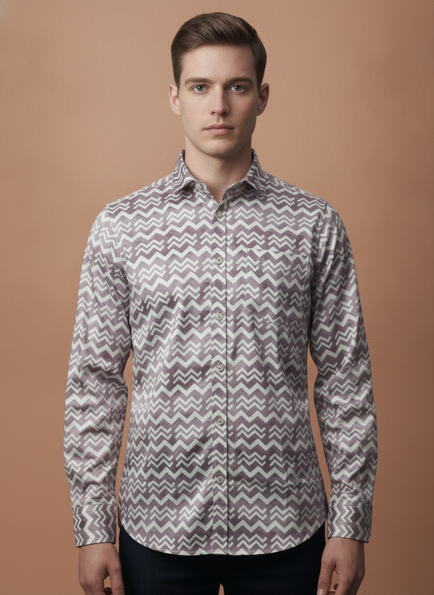 Men'S Poly Satin Lycra Mauve Digital Printed Shirt