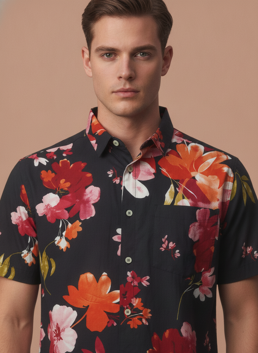 Black Floral Print Premium Rayon Shirt