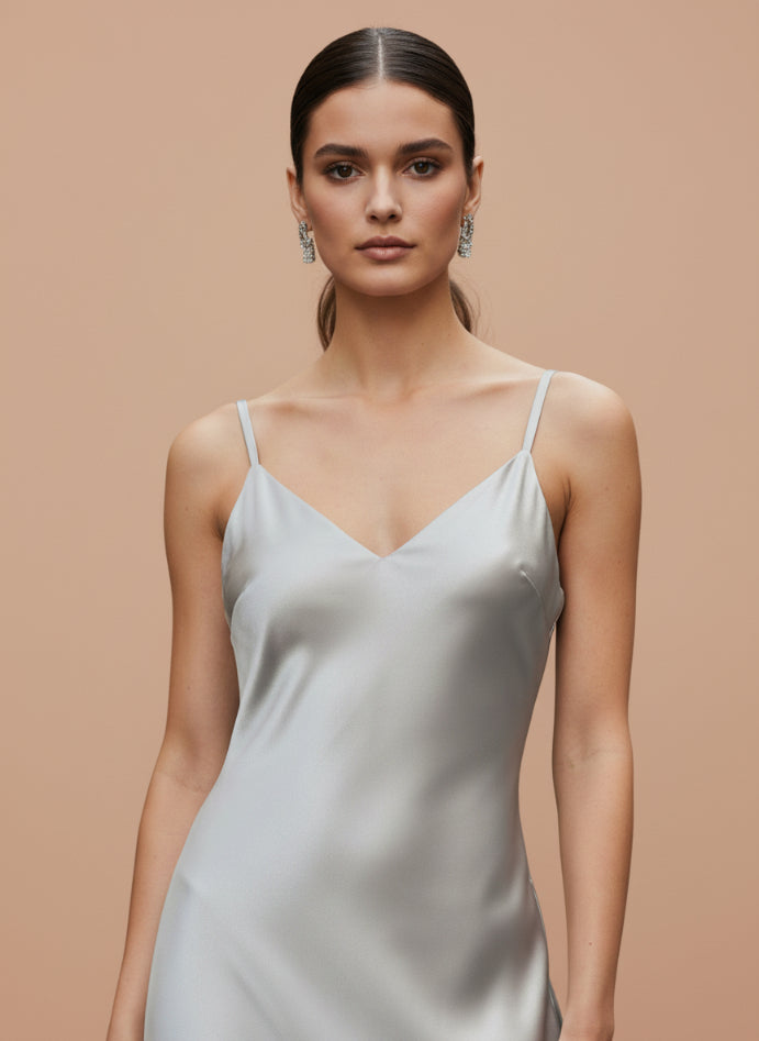 Women's Luxury Satin Silver Grey V-Neck Midi Dress
