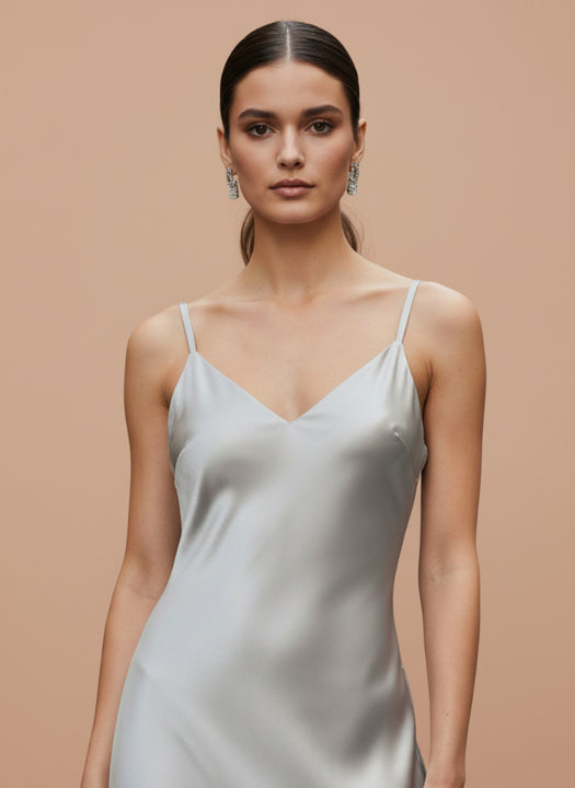 Women's Luxury Satin Silver Grey V-Neck Midi Dress