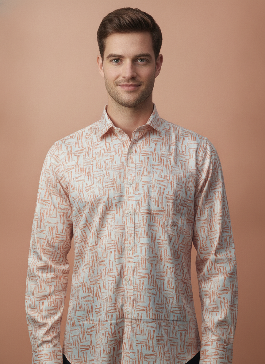 Men'S Poly Satin Lycra Orange Digital Printed Shirt