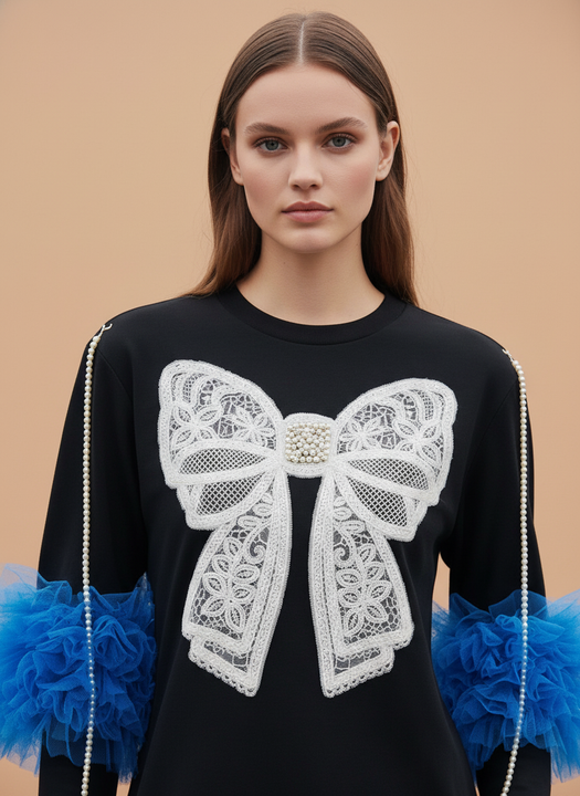 Elegant Bow Detail Black Dress with Blue Ruffle Accents