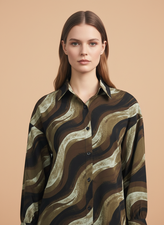 Women's Olive Green & Black Abstract Wavy Printed Oversized Shirt