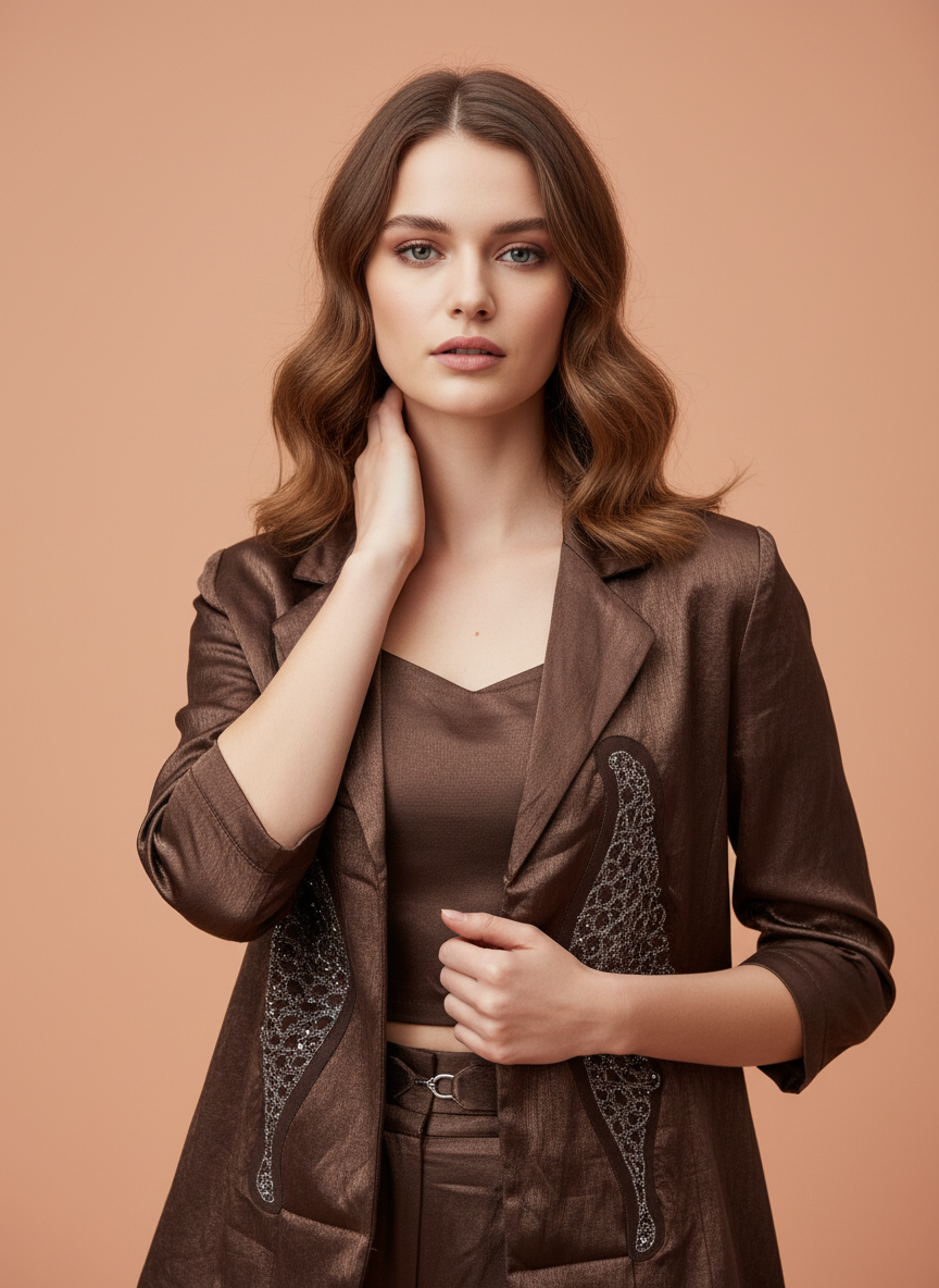 Elegant Brown Satin Blazer Set for Women
