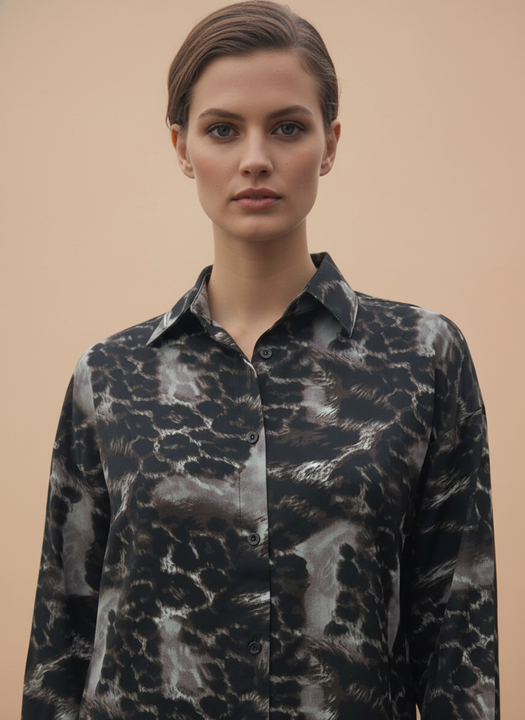 Women Black Grey Leopard Print Button Down Shirt