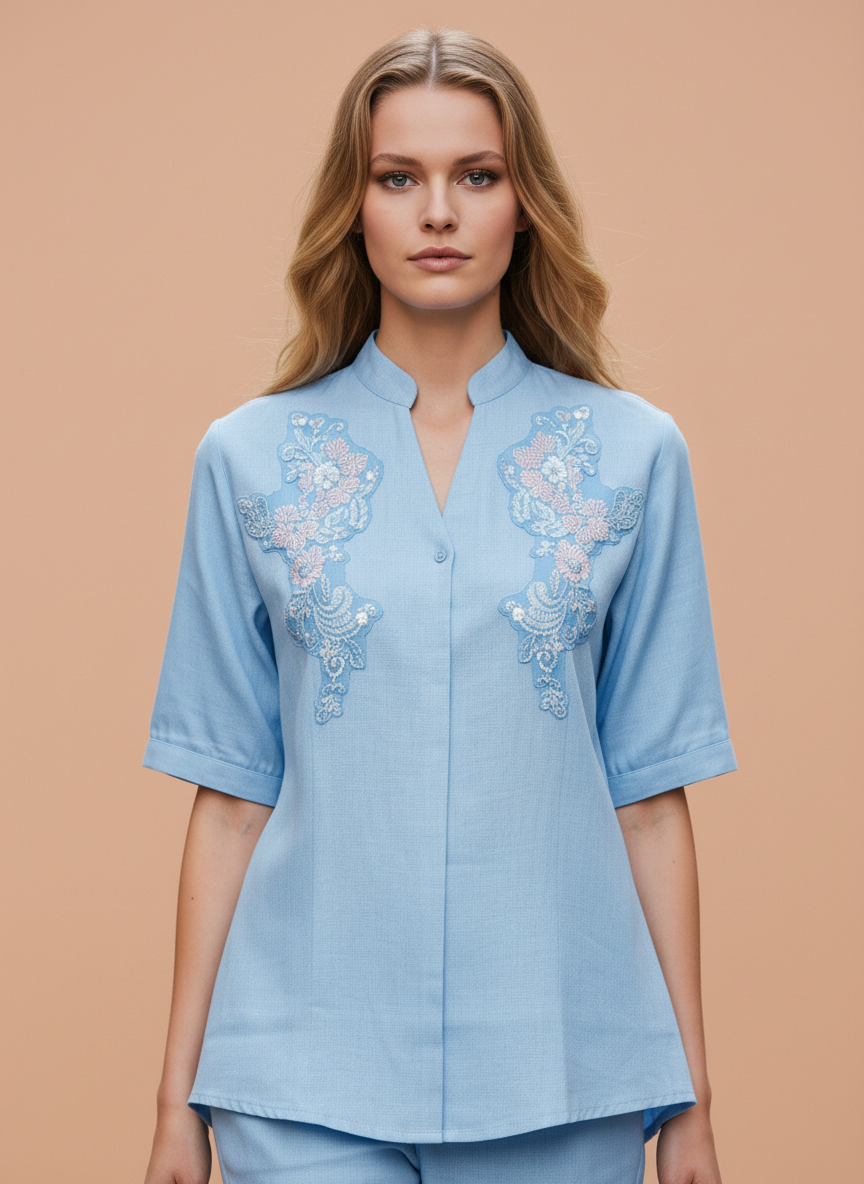 Sky Blue Embroidered Coord Set for Women