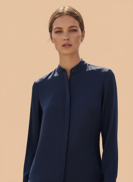 Summer Satin Navy Mandarin Collar Shirt