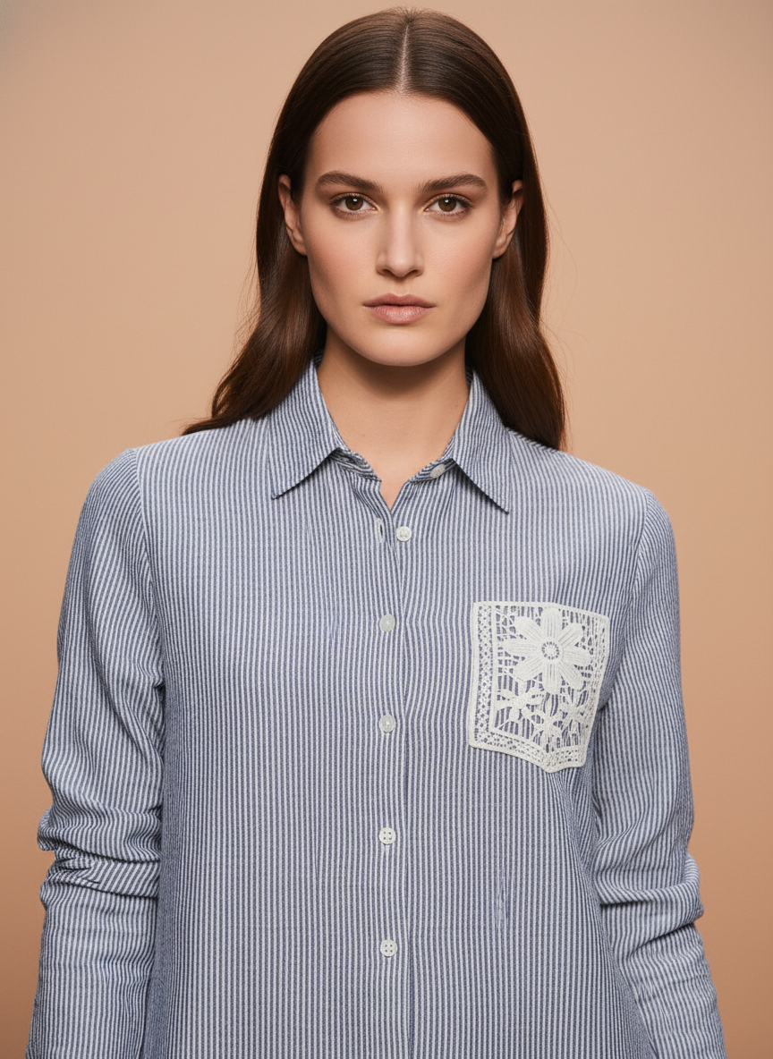 Skyline Blue Striped Lace Pocket Designer Shirt