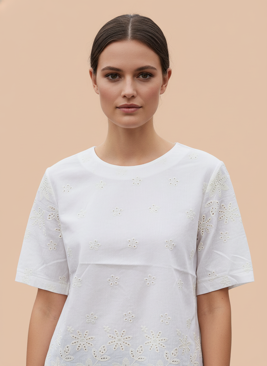 White Eyelet Embroidery Scalloped Hem Short Sleeve Top