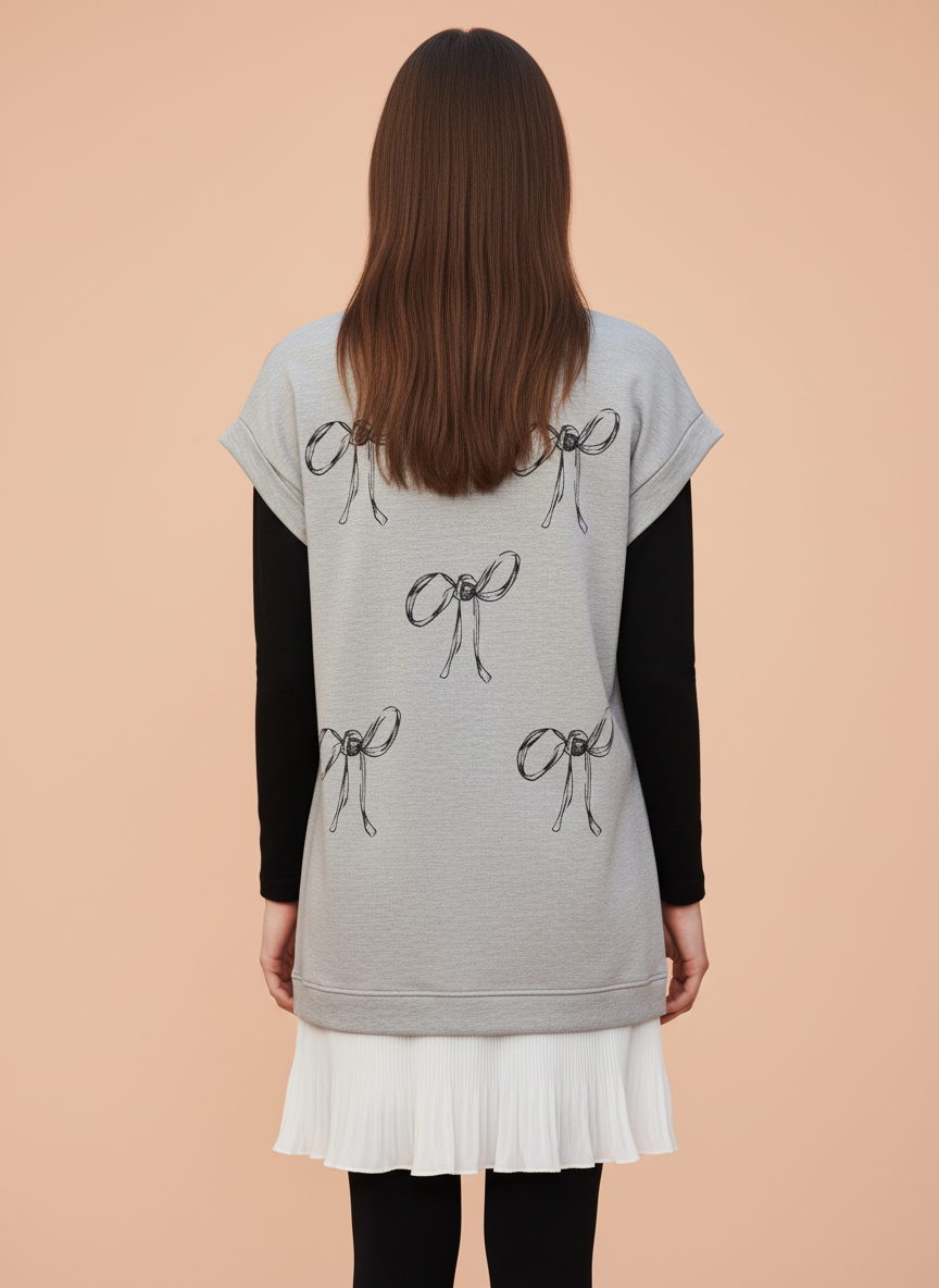 Women’s Grey Printed Tunic Dress with Layered Hem