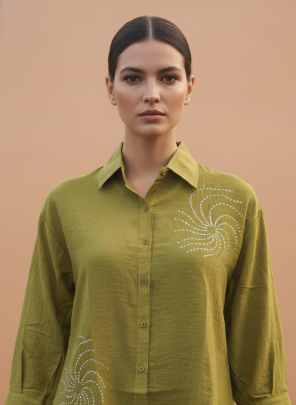 Olive Green Beaded Spiral Linen Shirt