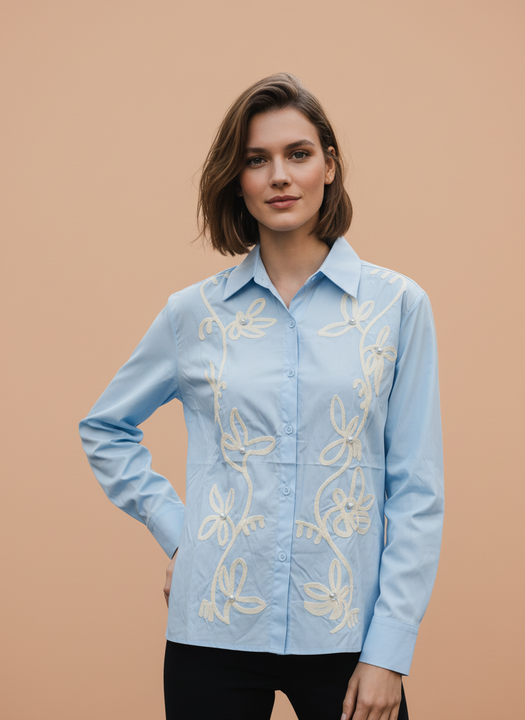 Elegant Sky Blue Embroidered Shirt for Women